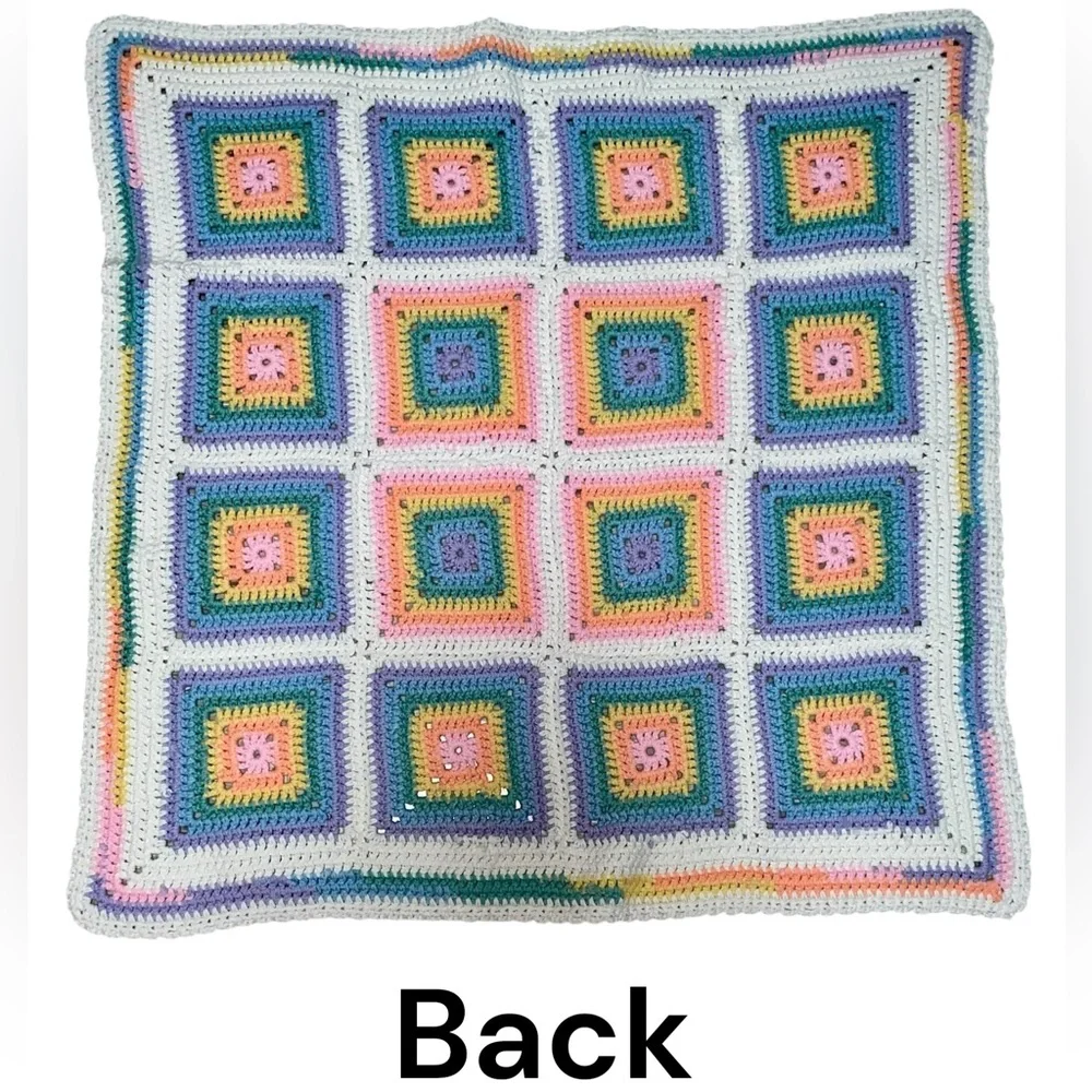 Vintage 70s  Square Granny Afghan Crochet Baby, Chair Blanket  35.5 Inches